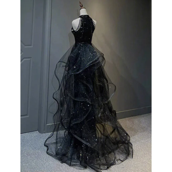 Abendkleid mit hohem Ausschnitt, schwarzem Neckholder, glänzendem Tüll und Pailletten, schwarzes Tüll-Ballkleid Y1864