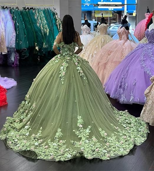 Luxus Grün Prinzessin Quinceanera Kleider Off Schulter 3D Blumen Appliques Ballkleid Y4147