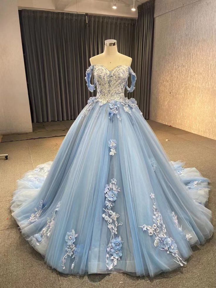 Ballkleid Blau Ballkleider Spitze Tüll Off Shoulder Abend Partykleid Y4561