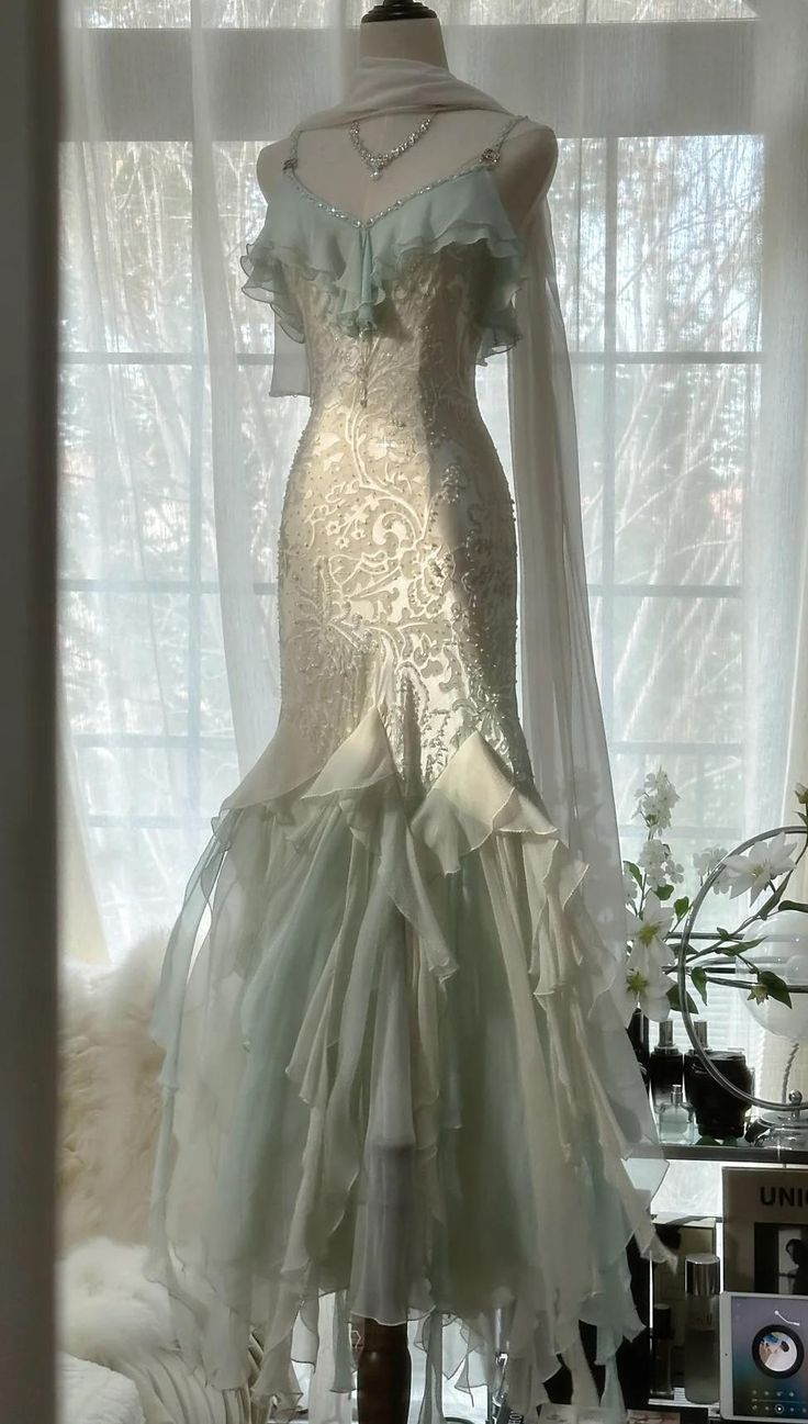 Vestido de noche elegante de gasa con cuentas y tirantes finos, estilo sirena, color verde menta, vestido formal de fiesta Y8546