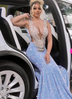 Vestido de noche azul brillante con corte sirena largo para fiesta Y1647