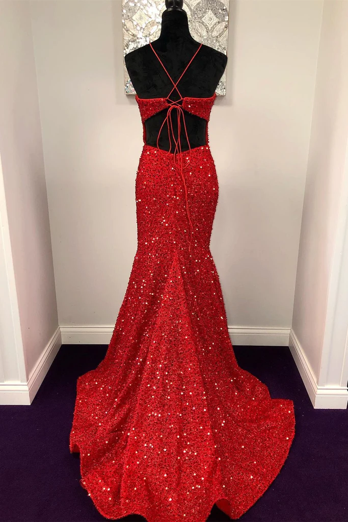 Vestido de fiesta largo con lentejuelas burdeos y corte sirena, sin espalda, vestido formal de sirena burdeos, vestido de noche burdeos Y350
