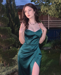 Vestido de noche de satén verde sin mangas, elegante vestido de noche verde Y2131