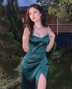Vestido de noche de satén verde sin mangas, elegante vestido de noche verde Y2131