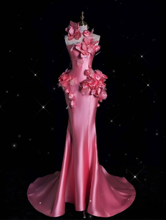 Vestido de fiesta largo de noche con sirena y flores 3D de satén rosa Y8339