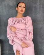 Vestido de fiesta rosa con escote barco, mangas largas, abertura alta, satén, puños abotonados, corte tubo, vestido formal de fiesta Y4875