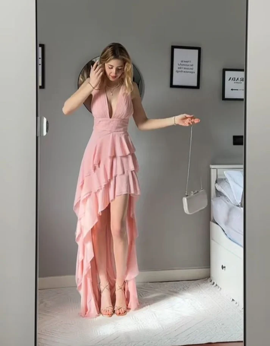 Vestido de noche sexy de gasa rosa con escote en V profundo y capas, Y8062