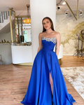 Royal Blue A-line High Slit Prom Dress Royal Blue Evening Dress Y6221
