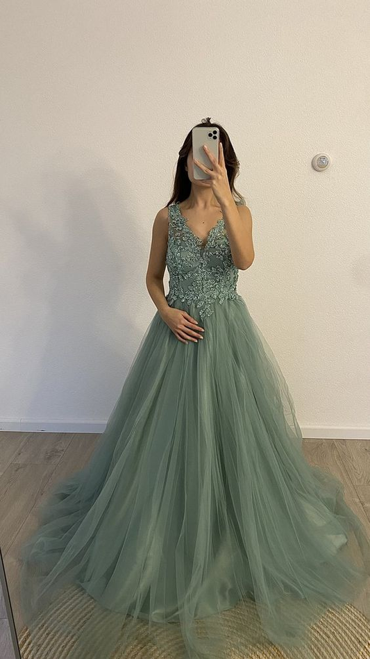 Modest A-line V Neck Tulle Evening Dress Graduation Dress Y4899