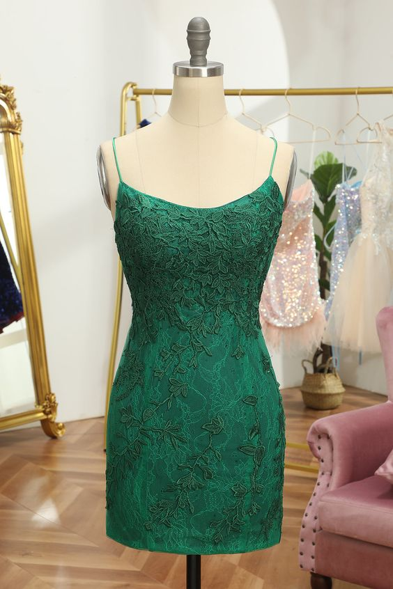 Vestido de fiesta corto ajustado verde con encaje Y4011