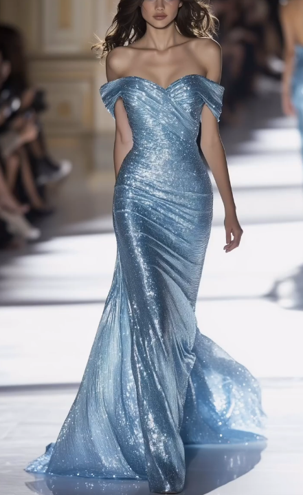 Vestido de noche elegante de sirena con hombros descubiertos, vestido de fiesta largo azul Y8346
