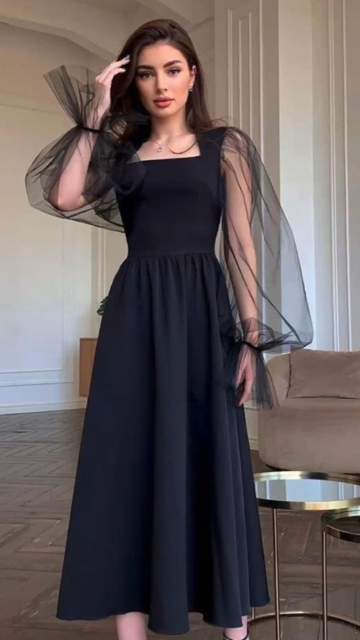 Elegante vestido de noche negro de corte A con mangas largas y cuello cuadrado, para mujer Y4557