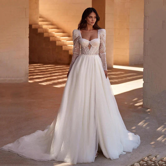 Boho A-Line Wedding Dresses Long Sleeve Sweetheart Bridal Dress Elegant Princess Evening Wedding Gowns Custom Size-payinti