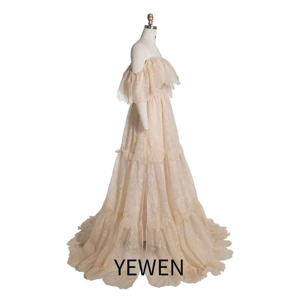 Vestido bohemio de encaje con hombros descubiertos y elegante para sesión de fotos de maternidad SY240067 