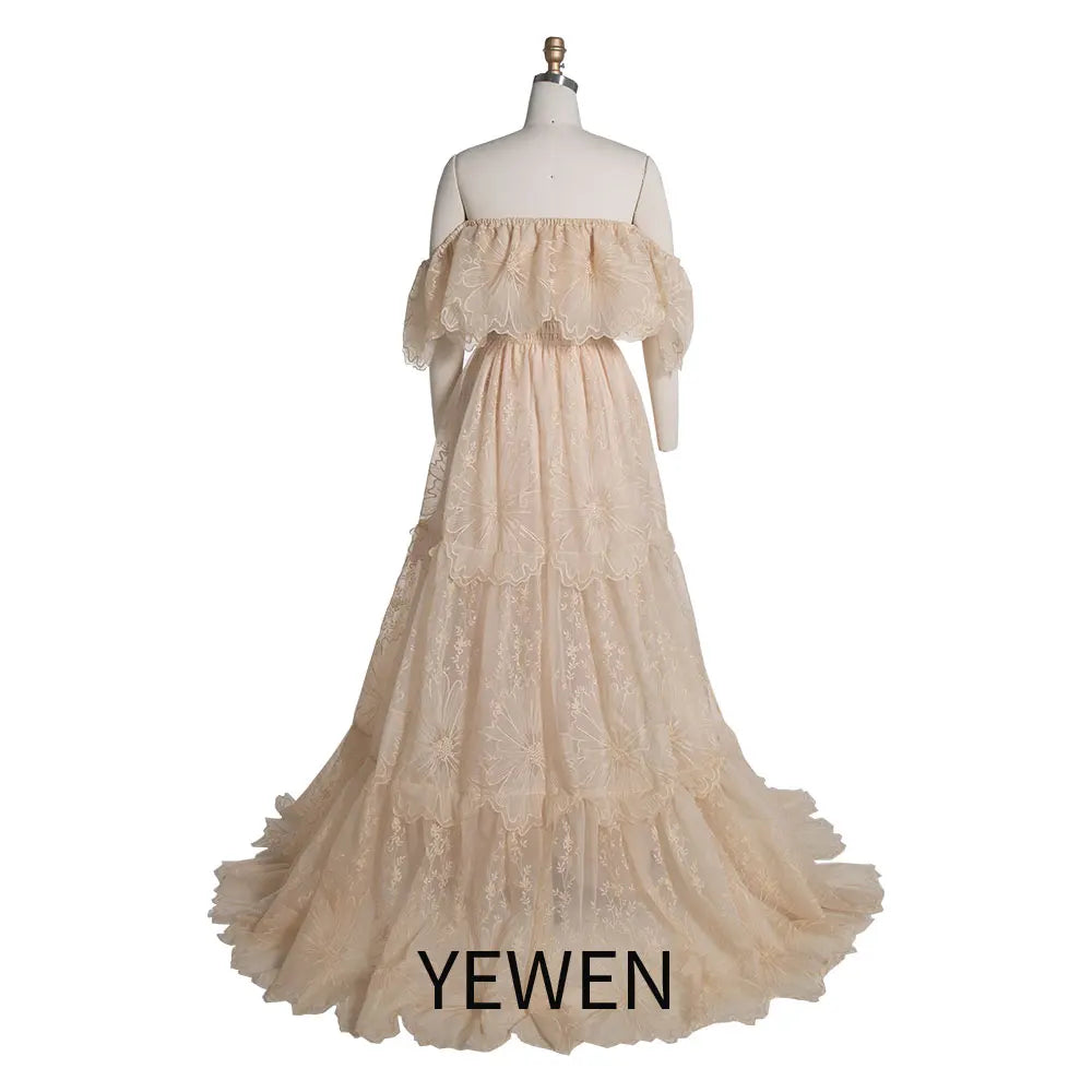 Vestido bohemio de encaje con hombros descubiertos y elegante para sesión de fotos de maternidad SY240067 