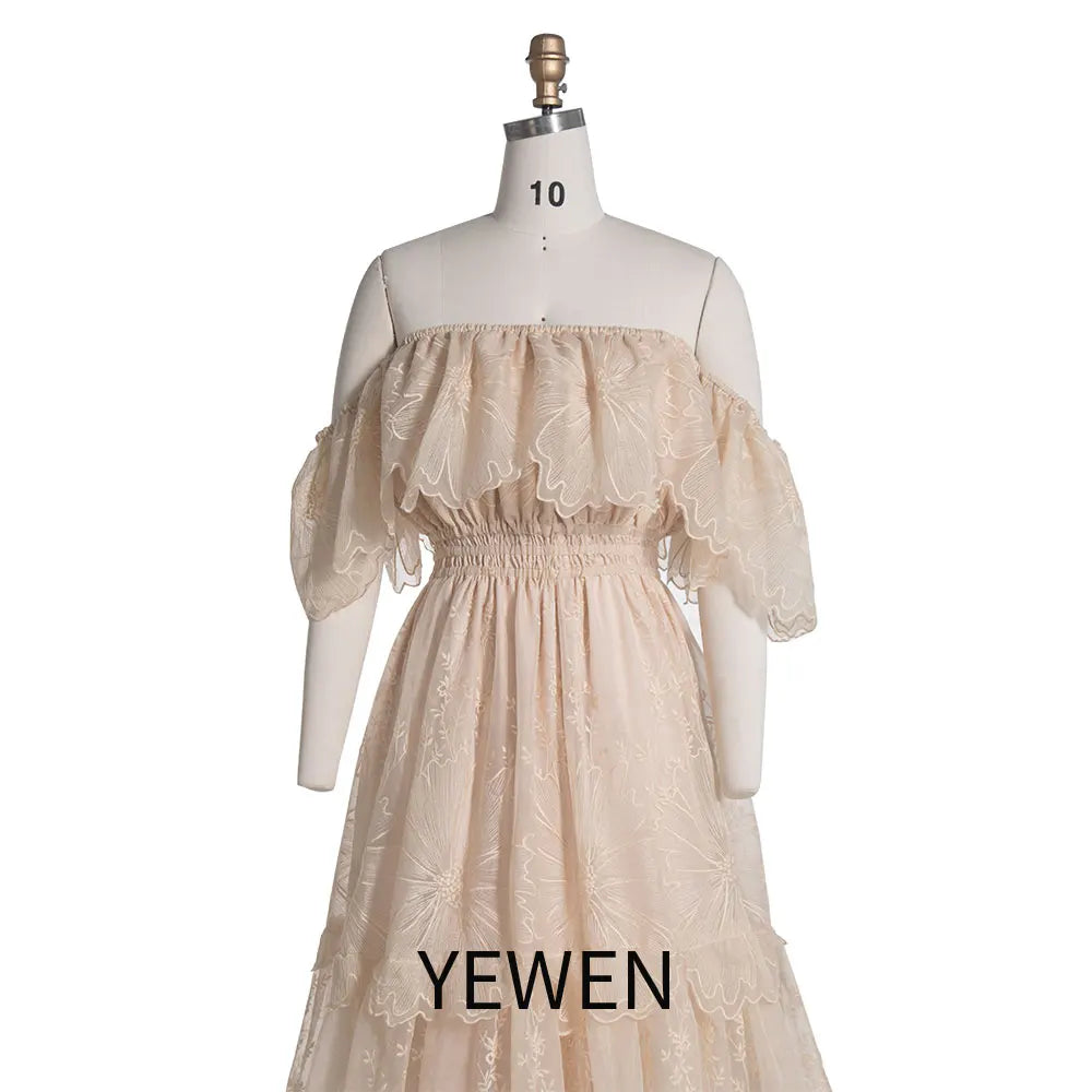Vestido bohemio de encaje con hombros descubiertos y elegante para sesión de fotos de maternidad SY240067 