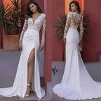 Elegant A-Line Wedding Dresses For Women Spring V Neck Deep Long Sleeve Lace Slim Fashion Bride's Tail Bridal Wedding Gown-payinti