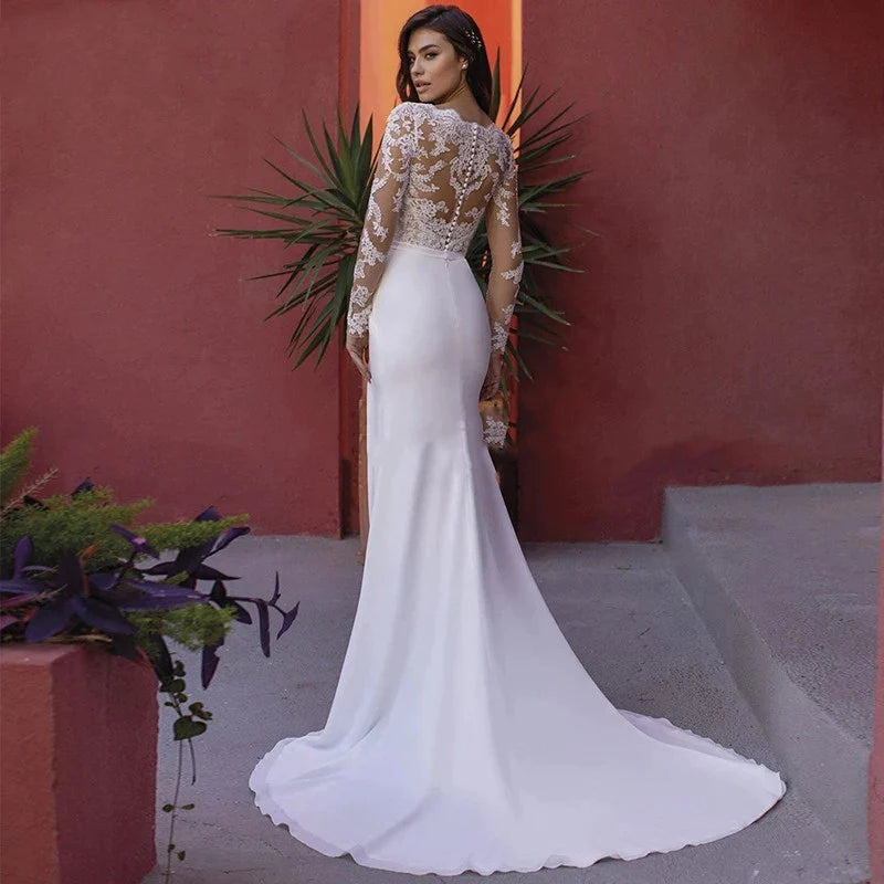 Elegant A-Line Wedding Dresses For Women Spring V Neck Deep Long Sleeve Lace Slim Fashion Bride's Tail Bridal Wedding Gown-payinti