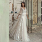 Elegant A-Line Wedding Dress Puff Sleeve Romantic Bridal Backless Beaded Appliques V-Neck Bride Dresses Vestido Noiva-payinti