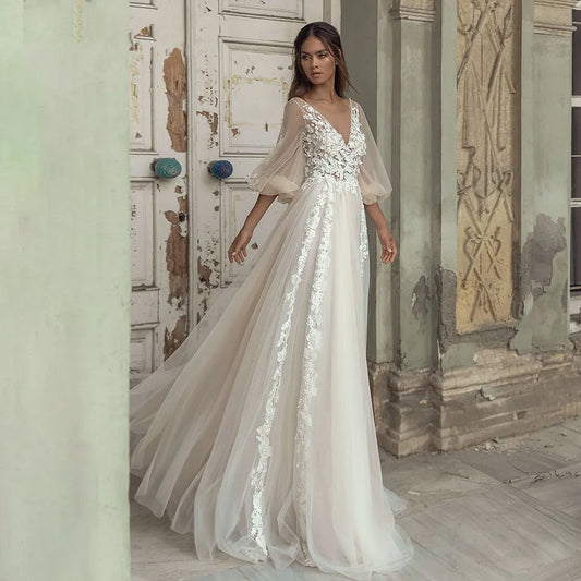 Elegant A-Line Wedding Dress Puff Sleeve Romantic Bridal Backless Beaded Appliques V-Neck Bride Dresses Vestido Noiva-payinti