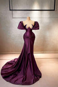 Elegante vestido de fiesta largo de satén con volantes, hombros descubiertos y mangas cortas en forma de A