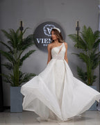 Elegante vestido de novia de tul con apliques, sin mangas y un hombro descubierto para mujer