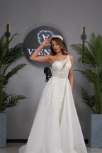 Elegante vestido de novia de tul con apliques, sin mangas y un hombro descubierto para mujer