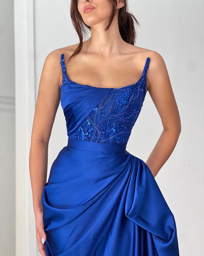 Elegante A-Linie Rüschen Ärmellos Quadratisch Satin Ozeanblau Ballkleider
