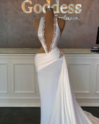 Elegantes vestidos de fiesta largos con cuello halter, sin mangas y de satén en forma de A