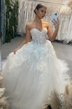 Elegante vestido de novia de tul con lentejuelas y encaje, sin mangas y sin tirantes, corte A