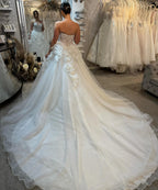 Elegante vestido de novia de tul con lentejuelas y encaje, sin mangas y sin tirantes, corte A