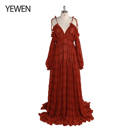 Elegant Adjustable Shoulder Maternity Dress for Baby Shower Side Slit Boho Beach Gown Fancy Photo Shoot Dresses Sunnderly