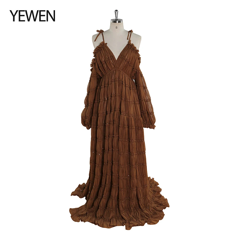 Elegant Adjustable Shoulder Maternity Dress for Baby Shower Side Slit Boho Beach Gown Fancy Photo Shoot Dresses Sunnderly