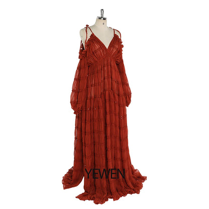 Elegant Adjustable Shoulder Maternity Dress for Baby Shower Side Slit Boho Beach Gown Fancy Photo Shoot Dresses Sunnderly