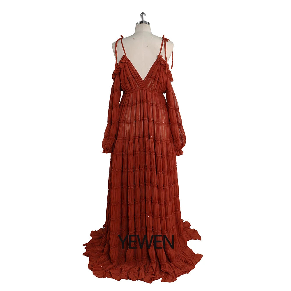 Elegantes Umstandskleid mit verstellbaren Schultern für Babypartys, seitlicher Schlitz, Boho-Strandkleid, ausgefallene Kleider für Fotoshootings, Sunnderly 
