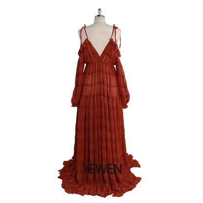 Elegant Adjustable Shoulder Maternity Dress for Baby Shower Side Slit Boho Beach Gown Fancy Photo Shoot Dresses Sunnderly