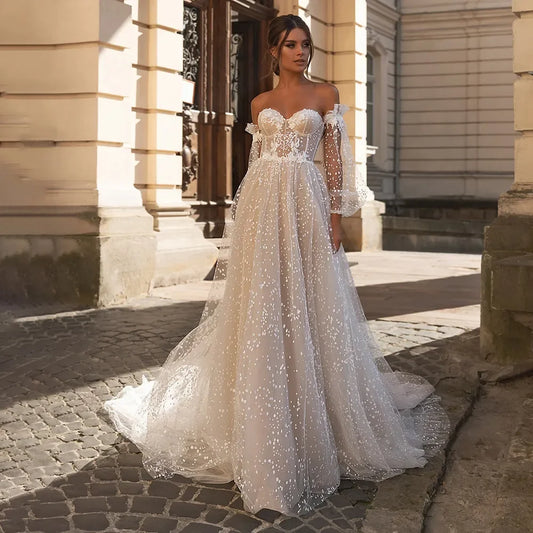 Elegant Beige Card Shoulder Long Sleeve Bridal Sweetheart Tulle Applique Sequin Floor-A line Wedding Evening Gown with Women-payinti