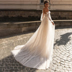 Elegant Beige Card Shoulder Long Sleeve Bridal Sweetheart Tulle Applique Sequin Floor-A line Wedding Evening Gown with Women-payinti