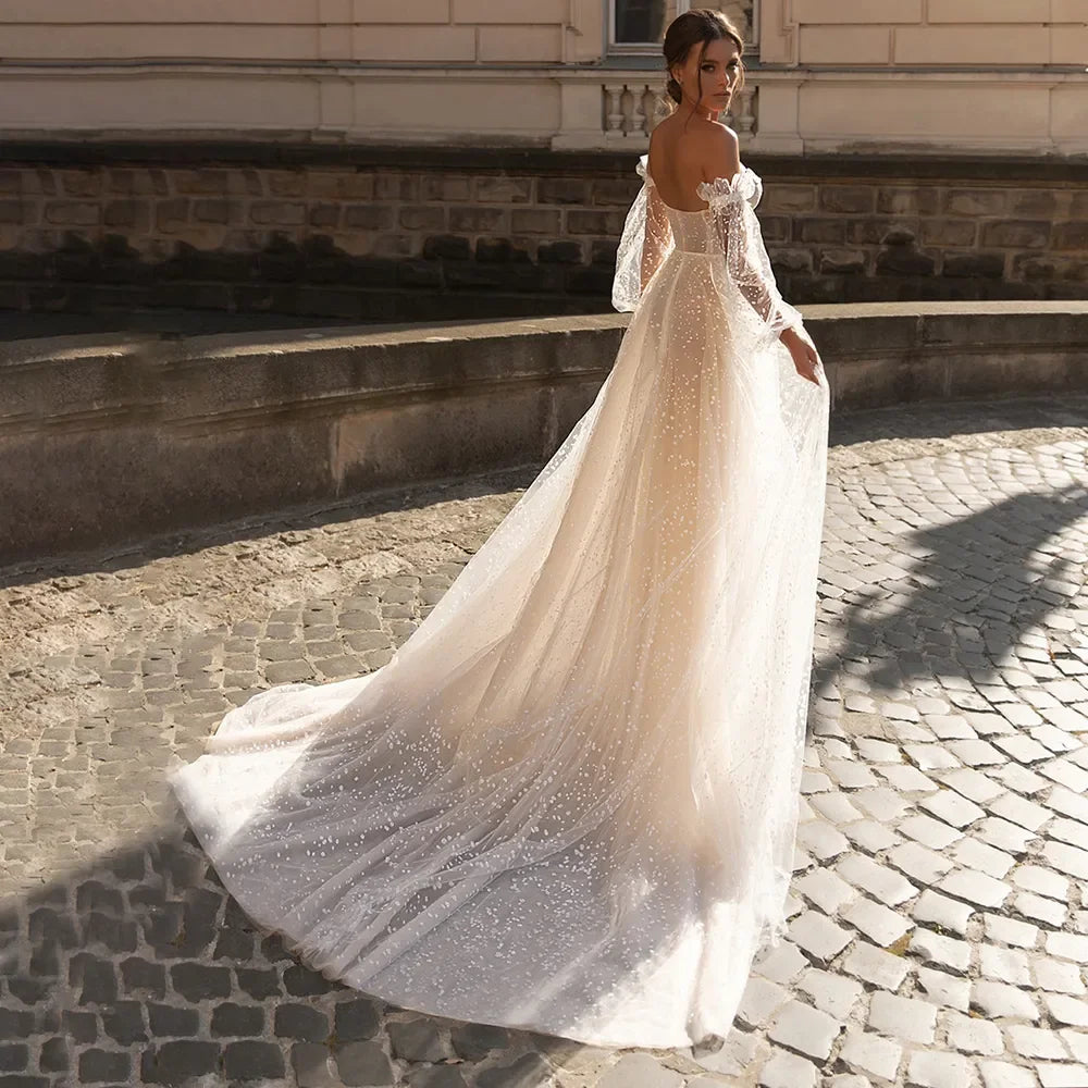 Elegant Beige Card Shoulder Long Sleeve Bridal Sweetheart Tulle Applique Sequin Floor-A line Wedding Evening Gown with Women-payinti