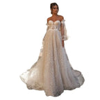 Elegant Beige Card Shoulder Long Sleeve Bridal Sweetheart Tulle Applique Sequin Floor-A line Wedding Evening Gown with Women-payinti