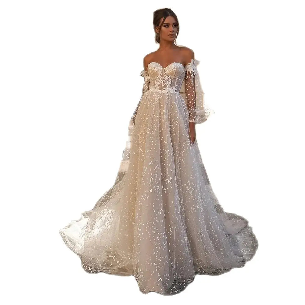 Elegant Beige Card Shoulder Long Sleeve Bridal Sweetheart Tulle Applique Sequin Floor-A line Wedding Evening Gown with Women-payinti