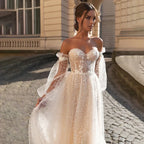 Elegant Beige Card Shoulder Long Sleeve Bridal Sweetheart Tulle Applique Sequin Floor-A line Wedding Evening Gown with Women-payinti