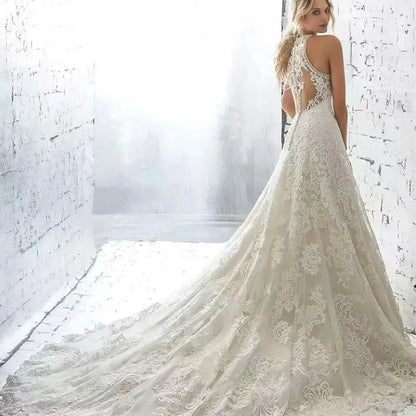 Elegant Beige Gown with Halter Lace A-LINE Sleeveless Cut-out Sweep Train Floor-Length Evening Gown for Women vestidos de novia-payinti