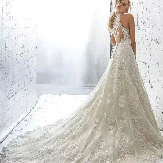 Elegant Beige Gown with Halter Lace A-LINE Sleeveless Cut-out Sweep Train Floor-Length Evening Gown for Women vestidos de novia-payinti