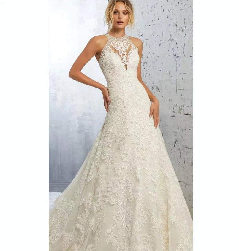 Elegant Beige Gown with Halter Lace A-LINE Sleeveless Cut-out Sweep Train Floor-Length Evening Gown for Women vestidos de novia-payinti