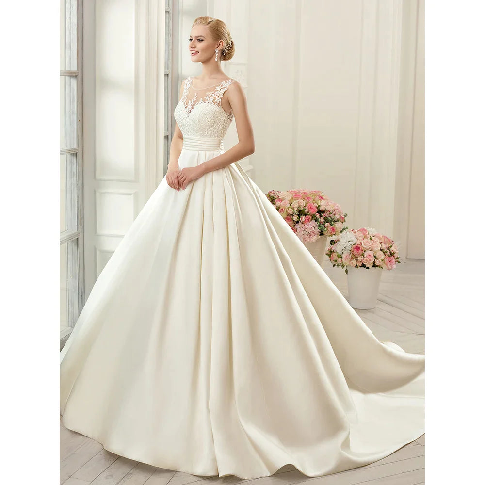 Elegant Beige Gown with Satin Lace Crew-Neck Wide Strap Sleeveless Floor-Length Evening Gown for Women vestidos de novia-payinti