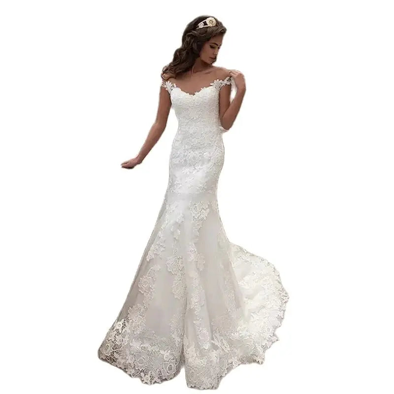 Elegant Beige Satin Off-Shoulder Straps Embroidered for Bride's Mermaid Floor-Length Dress with for Women's Wedding Evening Gown-payinti