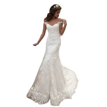 Elegant Beige Satin Off-Shoulder Straps Embroidered for Bride's Mermaid Floor-Length Dress with for Women's Wedding Evening Gown-payinti