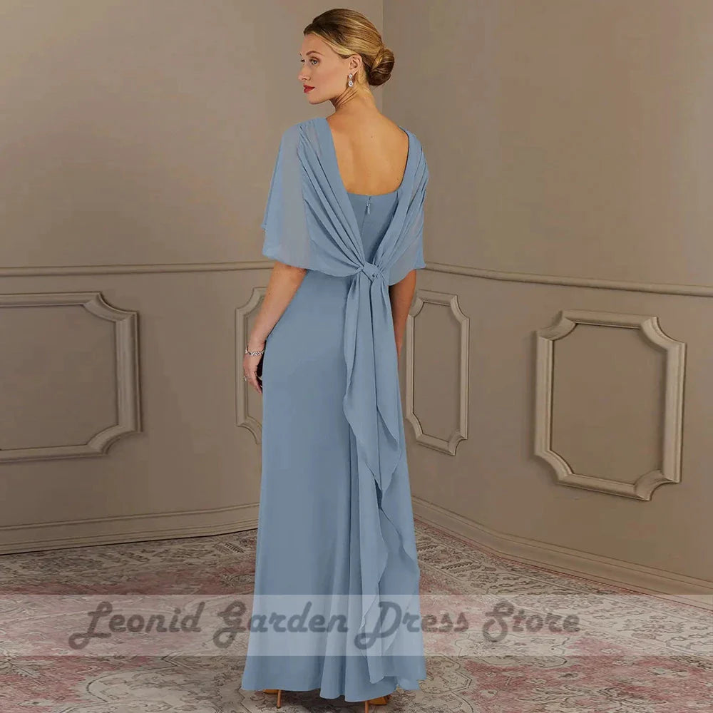 Elegant Blue Chiffon Mother of The Bride Dress Jewel Neck Sleeveless Floor Length Simple Wedding Party Dress Zipper Back Custom-payinti