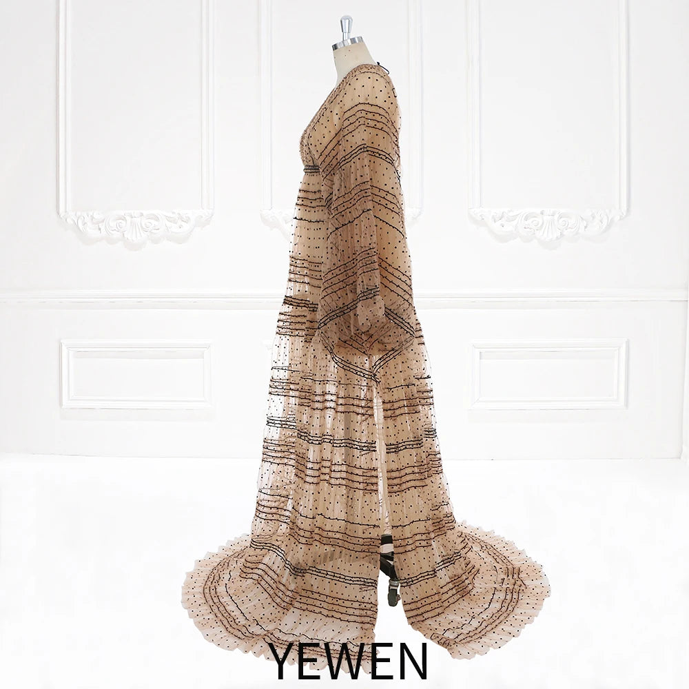 Elegante vestido maxi de manga larga a rayas de encaje bohemio con lunares de tul, vestido de maternidad para mujer, vestido bohemio de playa para sesión de fotos 